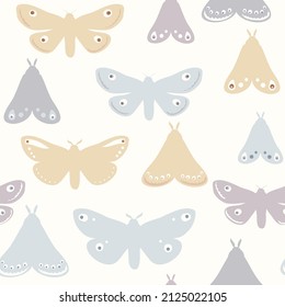 Vector seamless pattern with moths on a light beige background. Pastel colorful hand drawn butterfly.