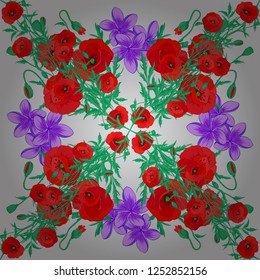 Vector seamless pattern. Motley floral image with gray, red and green poppy flowers.
