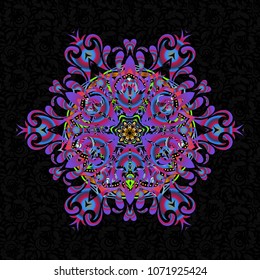 Vector seamless pattern with motley ornament. Vintage violet, blue and yellow elements in Eastern style. Ornate art for wallpaper. Ornamental lace tracery. Traditional arabic decor on black backdrop.