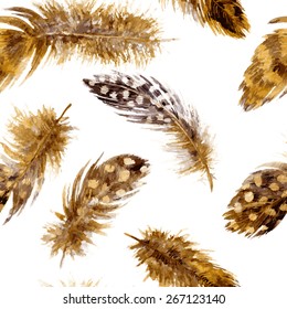 vector seamless pattern with  mottled brown plumes at white background, watercolor drawing feathers, hand drawn  illustration