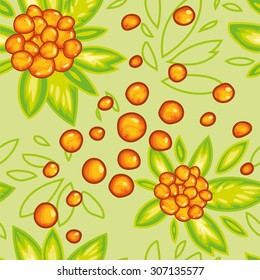 Vector seamless pattern with 	mountain ash on light green background. A lot of bright berries with green leaves.