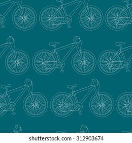 Vector seamless pattern with Mountain bike on green background. Line illustration of bicycle. Vector Illustration.