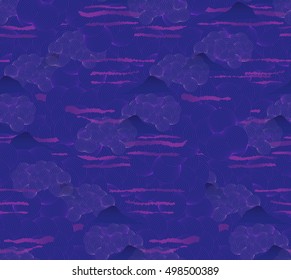 Vector seamless pattern with mountain pink clouds and sky.Abstract night seamless background. Repainting pattern with deep blue sky
