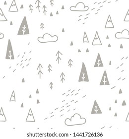 Vector seamless pattern with mountains and forest in simple hand-drawn style. Nursery Scandinavian illustration ideal for print, fabric, wrapping paper, baby textiles, wallpaper