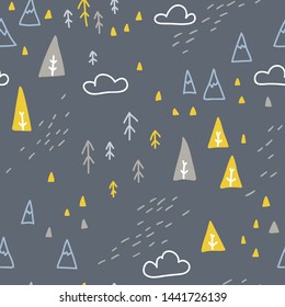 Vector seamless pattern with mountains and forest in simple hand-drawn style. Nursery Scandinavian illustration ideal for print, fabric, wrapping paper, baby textiles, wallpaper