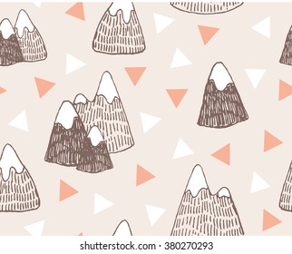 Vector seamless pattern with mountains landscape.Stylish hipster hand drawn background.