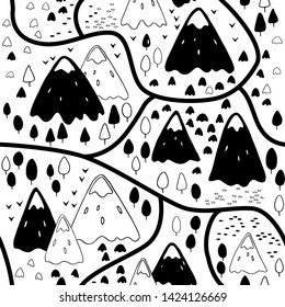 Vector seamless pattern with mountains, trees and roads.