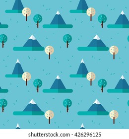 Vector seamless pattern with Mountains and Trees in flat style. Abstract landscape illustration background. 