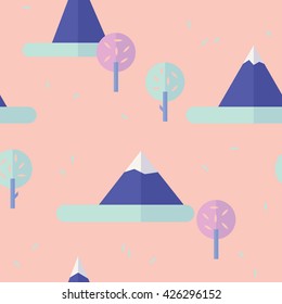 Vector seamless pattern with Mountains and Trees in flat style. Abstract landscape illustration background. 