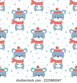 vector seamless pattern with mouse in hat and scarf, rat on snow background is symbol of new year