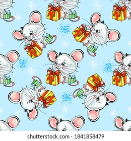 Vector seamless pattern. Mouse, Rat horoscope sign. Hand drawn pattern of cute mice with gifts. - Vector