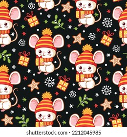 Vector seamless pattern with a mouse that is holding a New Year's gift in its hands. Cartoon style Christmas theme picture.