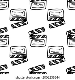 vector seamless pattern from Movie clapperboard doodle. a hand-drawn movie firecracker element is an isolated black contour geometrically arranged on a white background for a retro movie design.