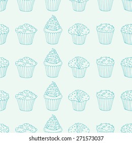 Vector seamless pattern with muffins in blue colors