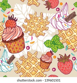 Vector seamless pattern with muffins, waffles, strawberries and whipped cream.