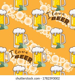 Vector Seamless Pattern with Mug of Beer and Hop Cone on Orange Background for Beer Lover