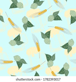 Vector Seamless Pattern with Mug of Beer and Hop Cone on Color Background