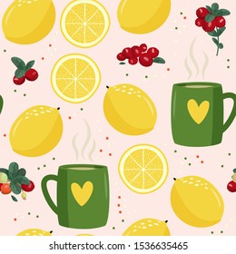 Vector seamless pattern with mug, lemon and crabverries. Retro tea background.