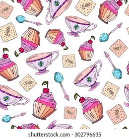vector seamless pattern, mug with tea and sweets