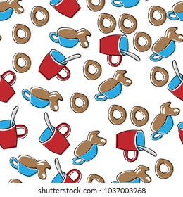 Vector seamless pattern. Mugs and a bagel.Eps10.