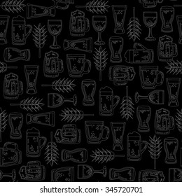 Vector seamless pattern with mugs of beer on black color. Pattern on the theme of drinks. Background for use in design, packing, textile, fabric