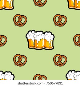 Vector seamless pattern with mugs of beer and brezels