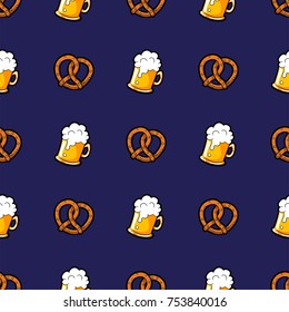 Vector seamless pattern with mugs of beer and brezels