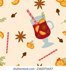 Vector seamless pattern with Mulled wine in flat design. Orange slices, Anise, Cinnamon, Clove, Straw isolated. Autumn and winter holidays Hot drink. Christmas template for Textile, Banner, Decor.