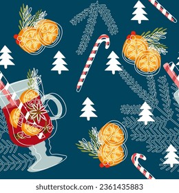 Vector seamless pattern with Mulled wine in flat design. Orange slices, Anise, Cinnamon, Clove, Candy cane. Autumn and winter holidays Hot drink. Christmas template for Textile, Banner, Decor.