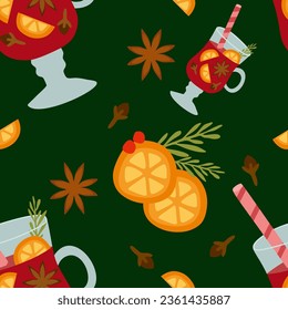 Vector seamless pattern with Mulled wine in flat design. Orange slices, Anise, Cinnamon, Clove, Straw isolated. Autumn and winter holidays Hot drink. Christmas template for Textile, Banner, Decor.