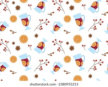 Vector seamless pattern with mulled wine in flat design. A piece of orange, a clove, a twig with berries on a white background. Autumn and winter holidays Hot drink. Christmas template for textile