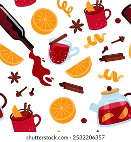 Vector seamless pattern mulled wine ingredients. Punch in glasses, mugs. Red wine, citrus, spices. Vector illustration background.