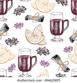 Vector seamless pattern of mulled wine ingredients. Hand drawn vintage elements. Glass, orange, cinnamon, anise. Good for season restaurant, menu, design, store holiday package 