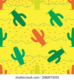 Vector seamless pattern of multicolor cactus on a yellow background with blue lines, red ellipses.