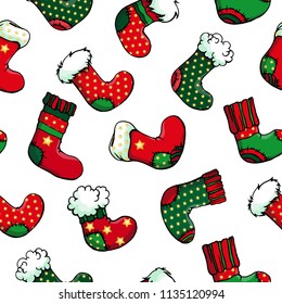 Vector seamless pattern with multicolor christmas boots. Holiday winter design.