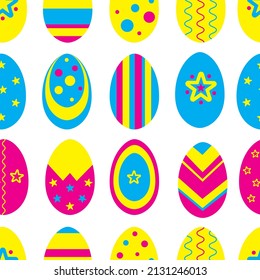 Vector seamless pattern: multicolor easter eggs in pink, blue, yellow colors. Joyful cartoon design for holiday textile, wrapping paper, wallpaper. 