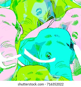 Vector seamless pattern with multicolor elephants. Multilayered drawing 5