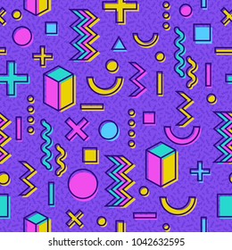 vector seamless pattern with multicolor geometric shapes on violet background. retro vintage abstract art print. fashion 80s-90s. memphis style design.  