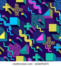 vector seamless pattern with multicolor geometric shapes on dark background. retro vintage abstract art print. fashion 80s-90s. memphis style design.  Wallpaper, cloth design, fabric, paper, textile. 