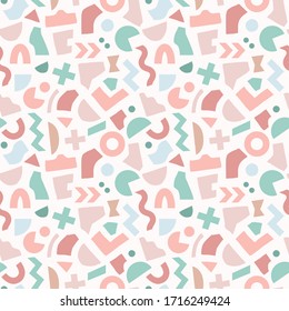 Vector seamless pattern with multicolor geometric shapes. Hipster abstract background in pastel colors.