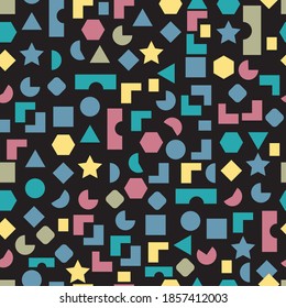 Vector seamless pattern with multicolor geometric shapes on dark background. retro vintage abstract art print. fashion 80s-90s. memphis style design. Wallpaper, cloth design, fabric, paper, textile.