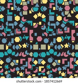 Vector seamless pattern with multicolor geometric shapes on dark background. retro vintage abstract art print. fashion 80s-90s. memphis style design. Wallpaper, cloth design, fabric, paper, textile.