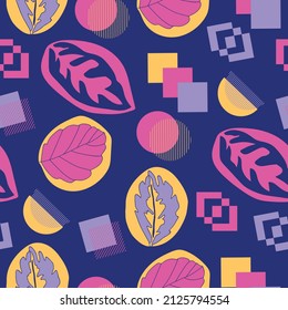 Vector seamless pattern with multicolor geometric shapes and calathea leaves on dark background. Illustration for hipsters Memphis style.