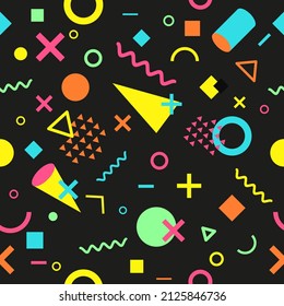 Vector seamless pattern with multicolor geometric shapes on dark background. Retro vintage abstract art print. Fashion 80s-90s. Memphis style design. Wallpaper, cloth design, fabric, paper, textile.