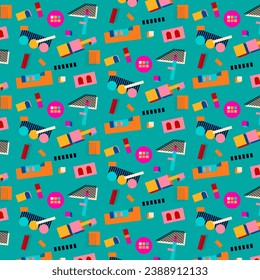 Vector seamless pattern with multicolor geometric shapes on a deep green background. retro abstract art print, fashion 80s-90. Memphis style design.