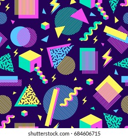 vector seamless pattern with multicolor geometric shapes on dark background. retro vintage abstract art print. fashion 80s-90s. memphis style design.  Wallpaper, cloth design, fabric, paper, textile. 