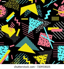 vector seamless pattern with multicolor geometric shapes on dark background. retro vintage abstract art print. fashion 80s-90s. memphis style design. Wallpaper, cloth design, fabric, textile template