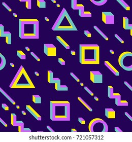 vector seamless pattern with multicolor geometric shapes on dark background. retro vintage abstract art print. fashion 80s-90s. memphis style design. Wallpaper, cloth design, fabric, textile template