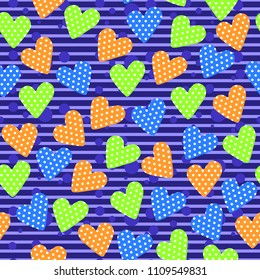 Vector seamless pattern with multicolor heart, bubble on blue striped backdrop. For fabric, textile, wrapping paper, design of banners, invitation, print on clothes. Valentine's day background.