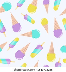 Vector seamless pattern with multicolor ice cream on white background. Frozen dessert background. Design for summer fashion textile print, wrapping paper, web backgrounds, cafe.